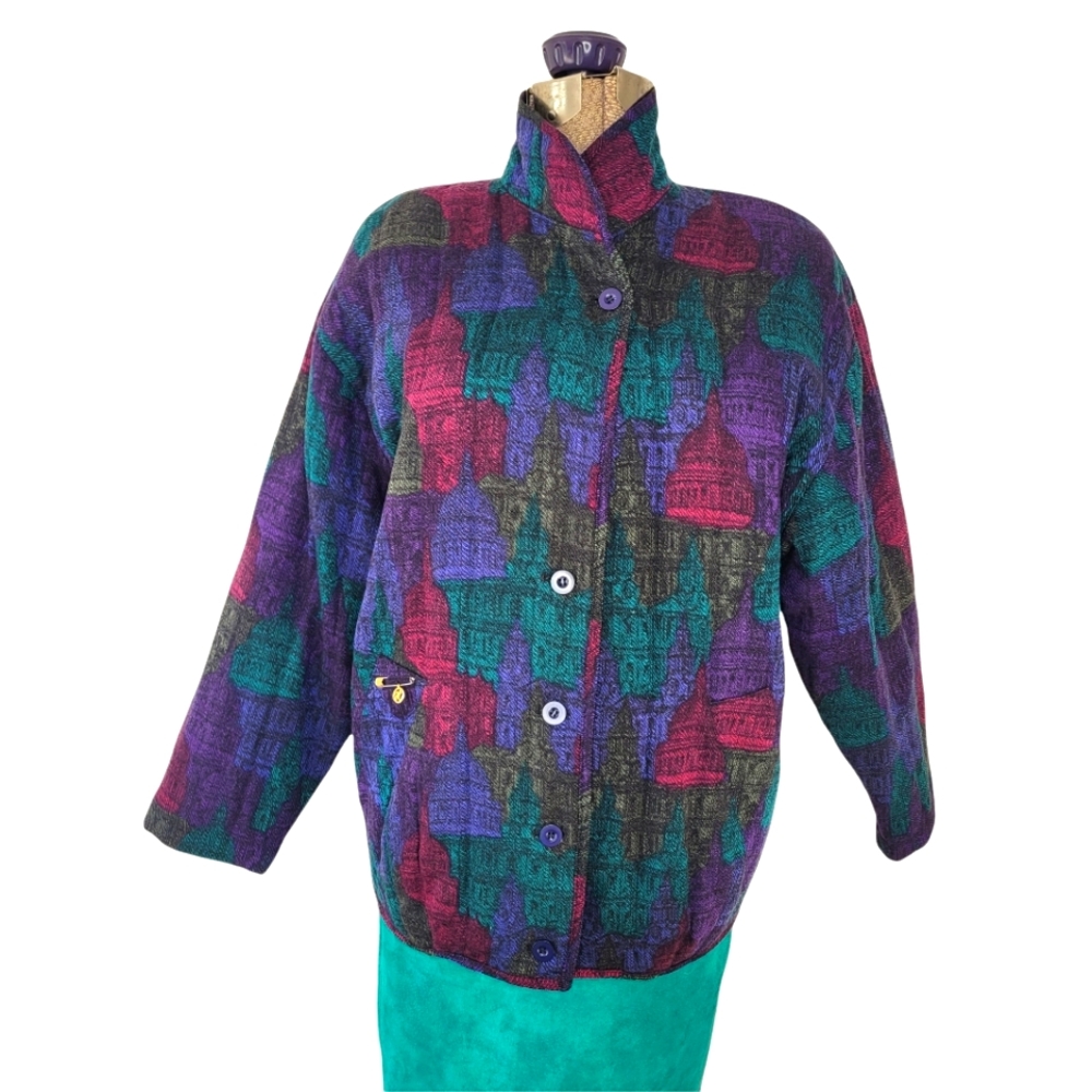 Green and purple Quilted wool jacket with architectural print size large